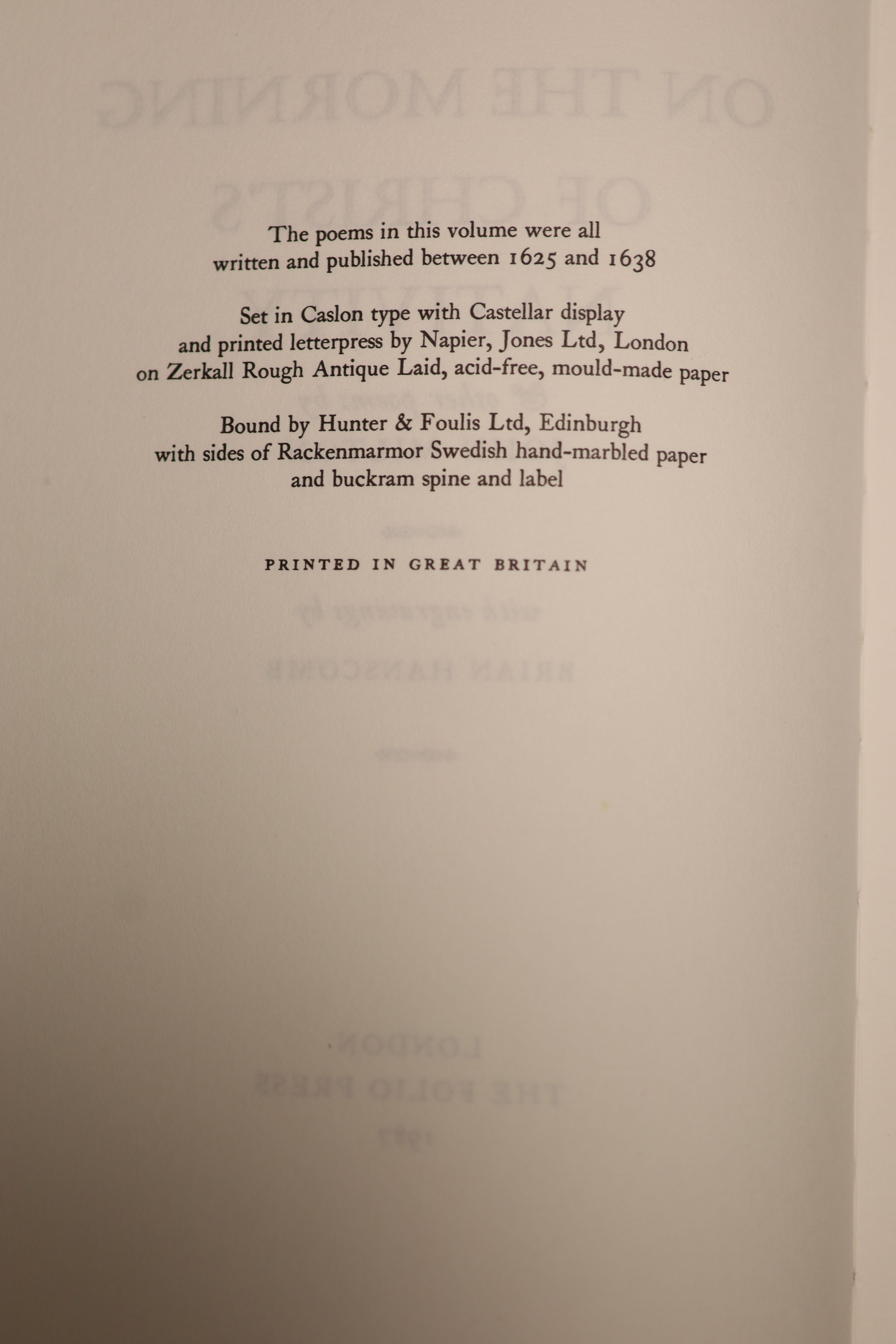 Wilmot, John, The Earl of Rochester, Perfect and Imperfect Enjoyments: Poems, quarter bound in leather with marbled boards, in a presentation box, Folio Society limited edition (edition number listed as ‘B.B’) together w